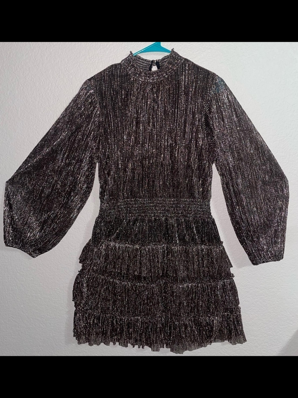State 1 Sparkle Tiered Mini Dress in Metallic Bronzed Black